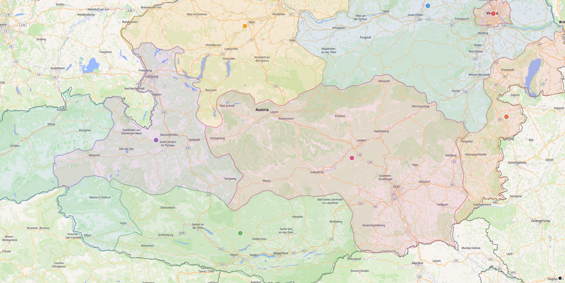 Locations with Austrian state polygons and centroid markers